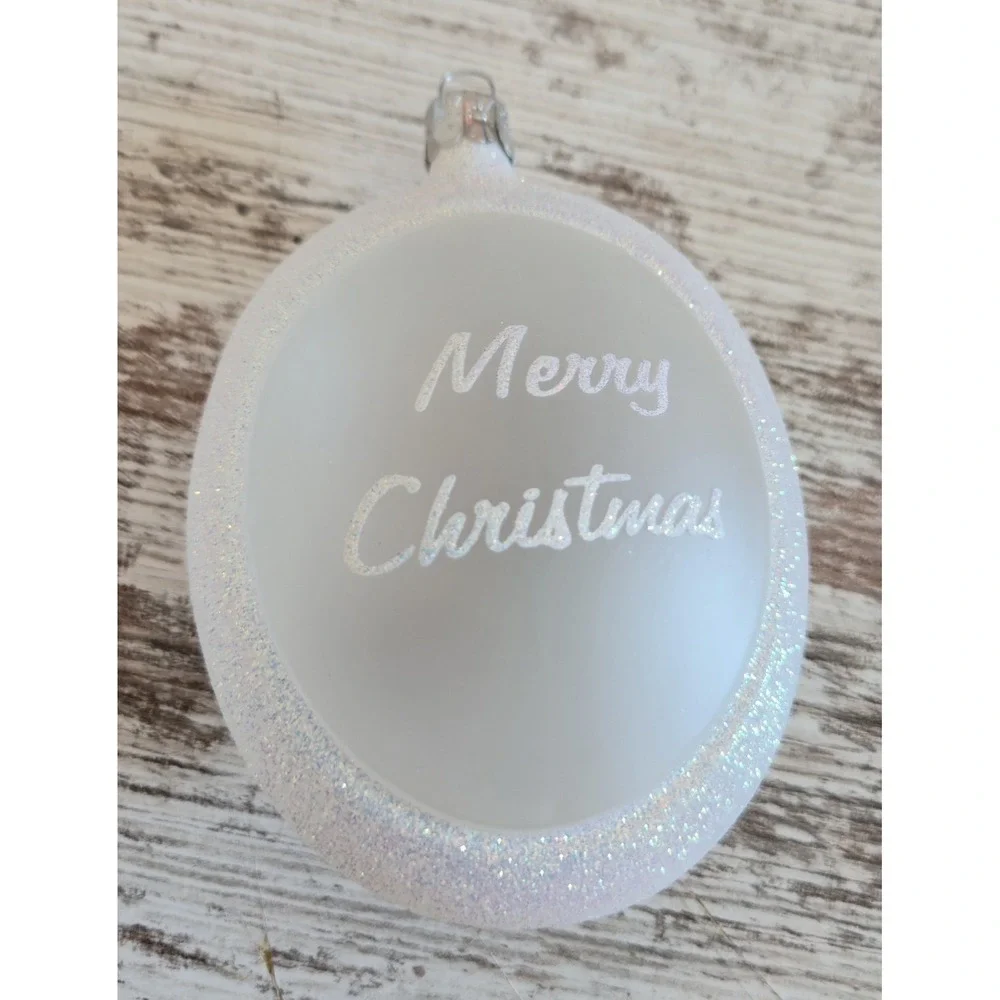 Hand Painted Glass Christmas Ornament Oval Snowy Village Merry Christmas White